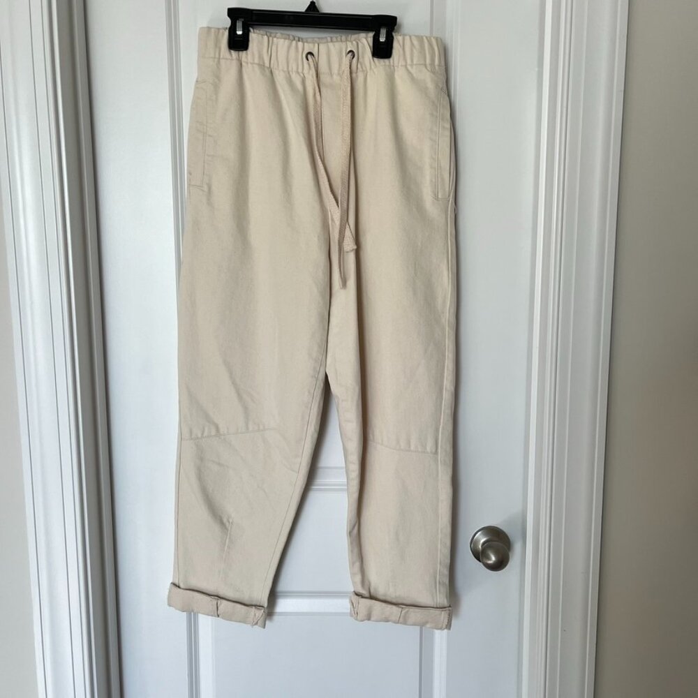 ZARA White Cream Denim Trouser Pants with Drawstring Size Small